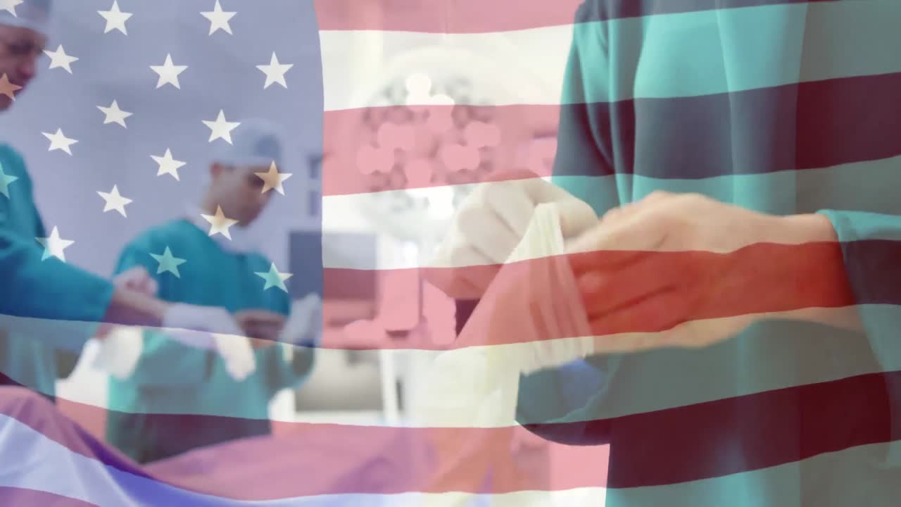 수술실 에서 외과 의사 들 위 에 흔들리는 미국 국기 의 애니메이션