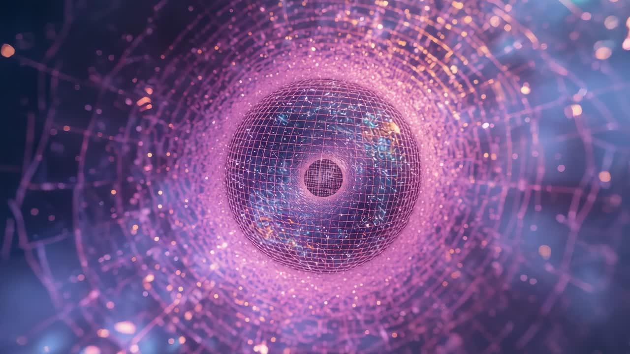 Avanzamento della telecamera che avvicina una sfera centrale a rete in una nebulosa digitale, rivelandone il nucleo interno.