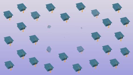 animación digital de múltiples sombreros de graduación y iconos de libros contra un fondo de gradiente púrpura