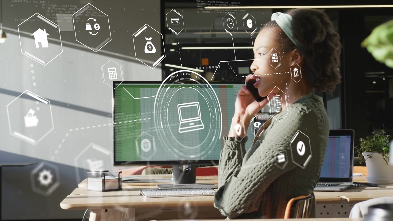 Vertical video: Woman speaking on phone at desk, call activating HUD hex icons for task management