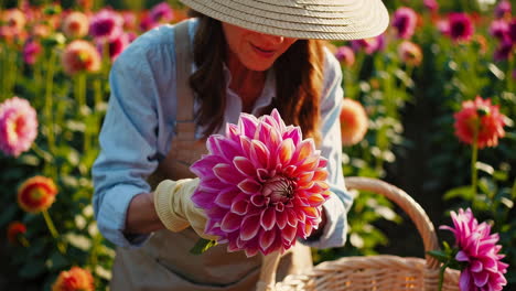 woman harvesting dahlias in a vibrant flower field