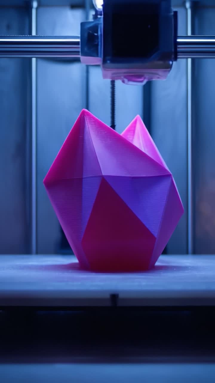 A Stunning Display of Modern Technology: The Precision and Artistry of 3D Printing a Striking Pink Geometric Sculpture in a High-Tech Environment