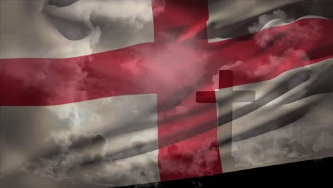 animation of waving england flag against silhouette of a cross against clouds in the sky