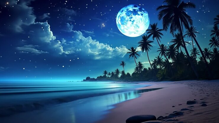 A serene beach under a starry night sky with a full moon, captured from a low angle