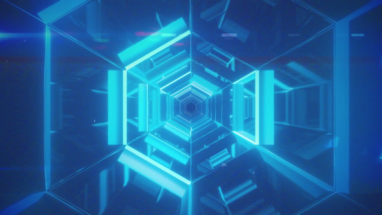 Animation of blue kaleidoscopic neon pattern over blue background