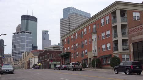 establishing shot of a street in downtown minneapolis minnesota;