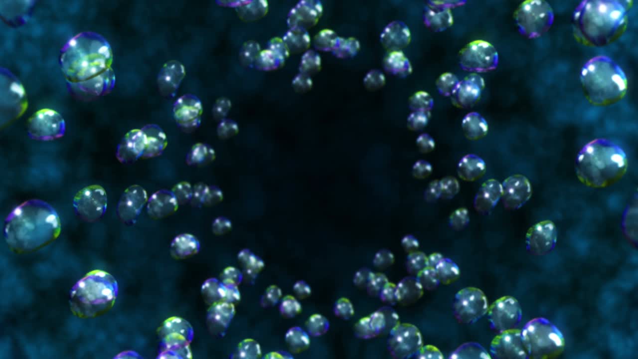 Flying many water drops on black background. Pure droplets. Transparent surface. 3D animation of air bubbles rotating. Loop animation.