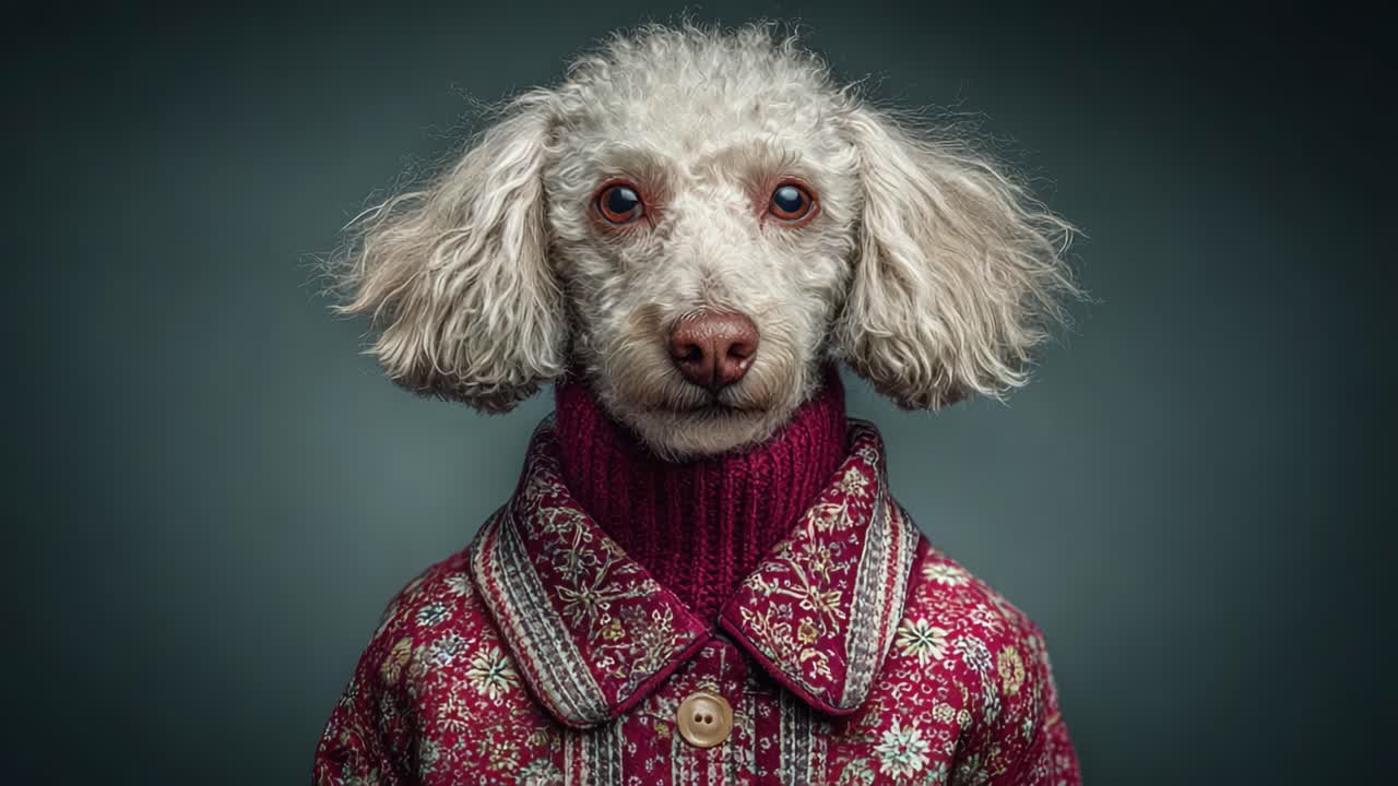 Adorable Poodle Dressed in a Cozy, Festive Sweater Posing Elegantly Against a Soft-Focused Background, Showcasing Its Unique Charm and Personality