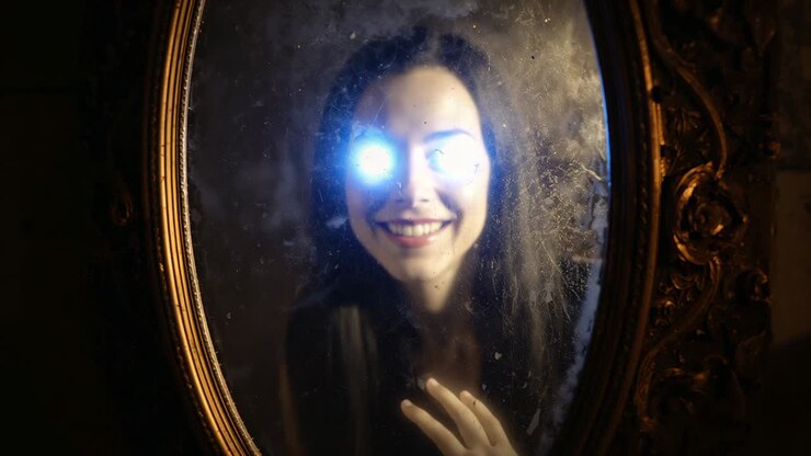 Emerging pale arm exploring dusty cracked antique mirror in dim hallway, revealing her glowing eyes