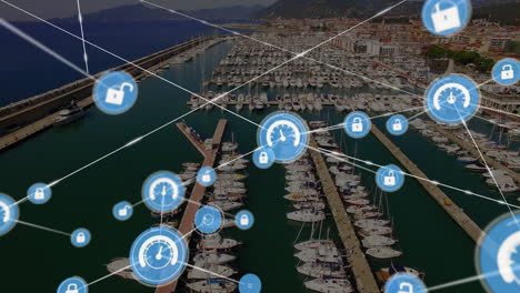 seguridad de red y velocidad de datos iconos animación sobre marina con barcos