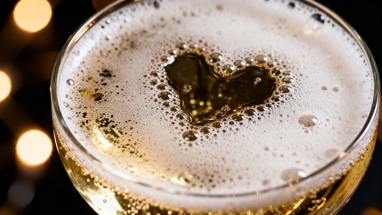 Releasing carbonation coupe's liquid rising and forming heart foam with bubbles at bar, with bokeh