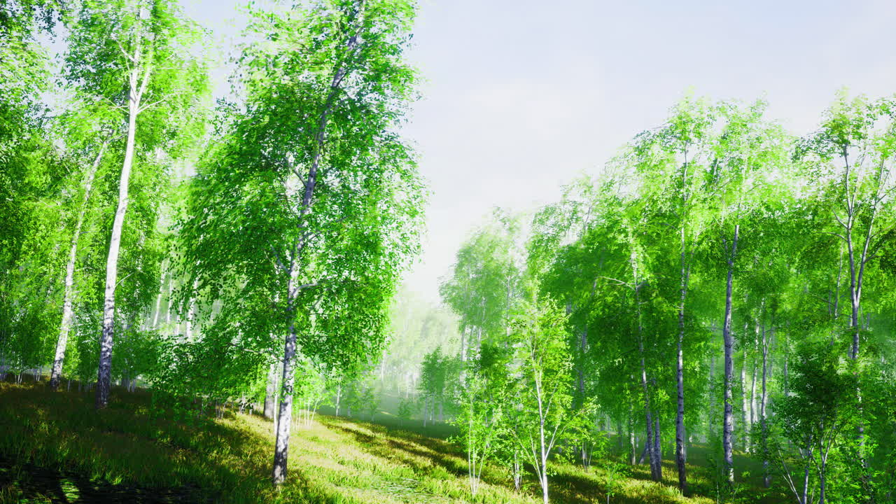 Lush green forest with sunlight filtering through leaves in serene atmosphere
