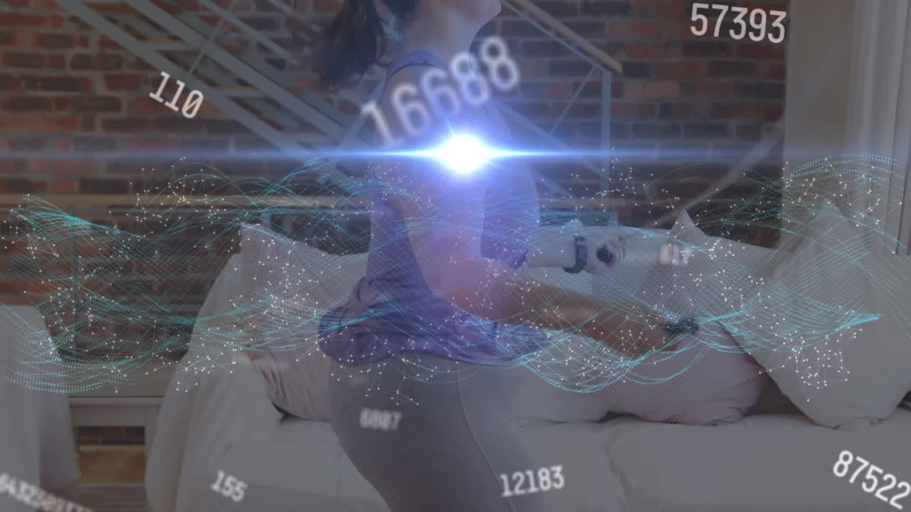 Animation of world map and network with data processing, over woman exercising at home skipping