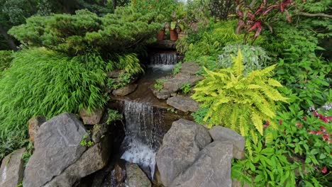 walking past a waterfall in a vibrant flower garden
