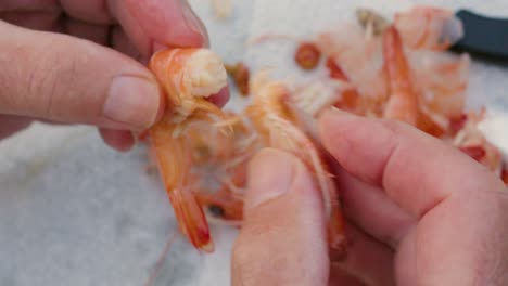 close up of hands preparing fresh delicious seafood crevettes prawn shrimps by removing head and legs so it can be eaten