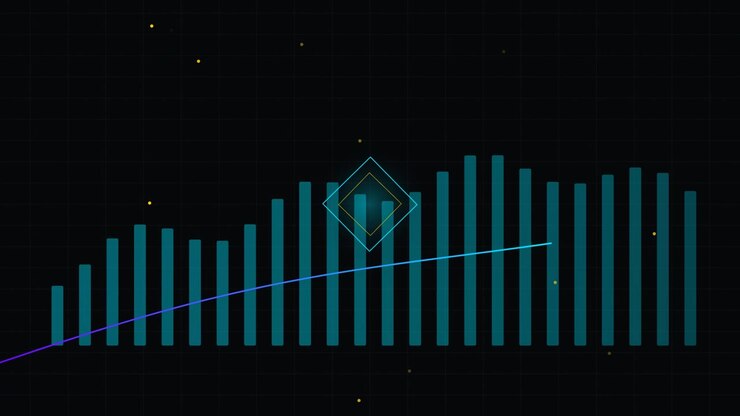 Animace digitálního sloupcového grafu se stoupající trendovou linií