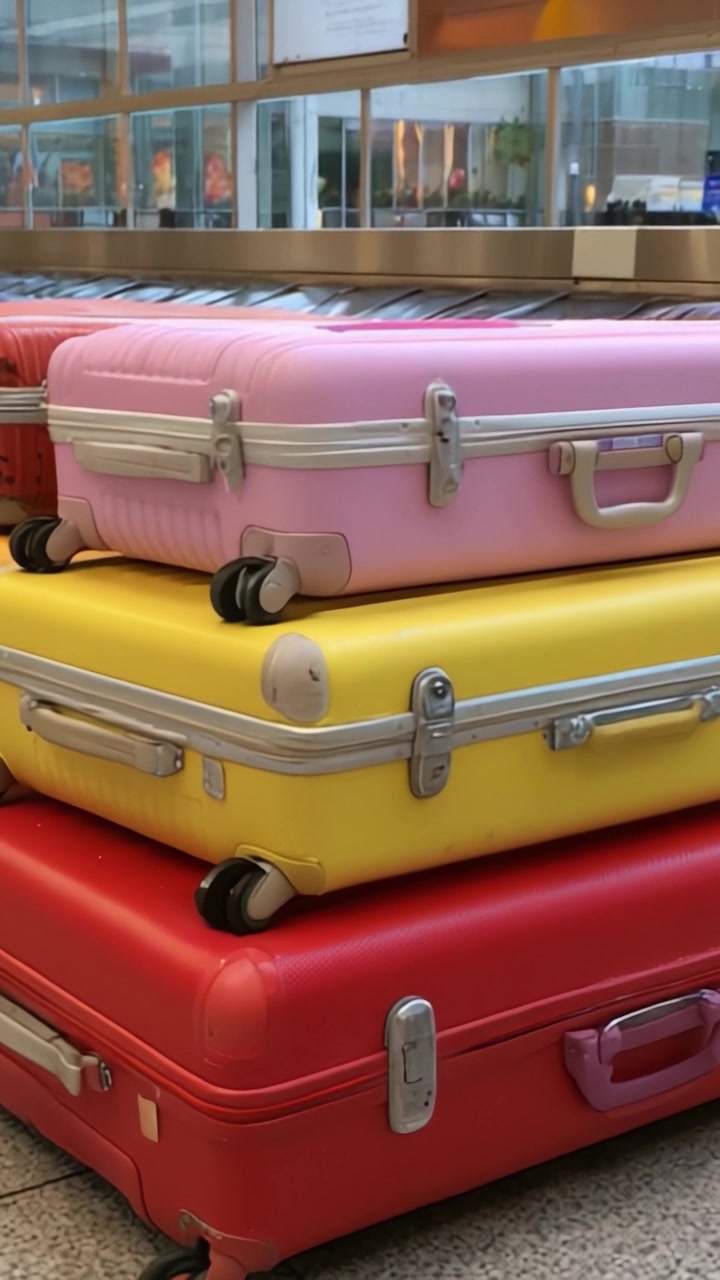 Collezione Colorata di Bagagli in Aeroporto: Una Serie Colorata di Valigie Rigide Vintage Impilate, che Mostra un'Estetica di Viaggio Vibrante in un Contesto Moderno