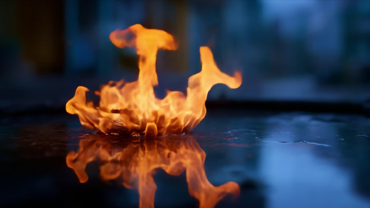Captivating Flames: A Mesmerizing Display of Fire Reflecting on Water Surfaces in a Darkened Environment, Evoking Intrigue and Beauty Through Ethereal Light