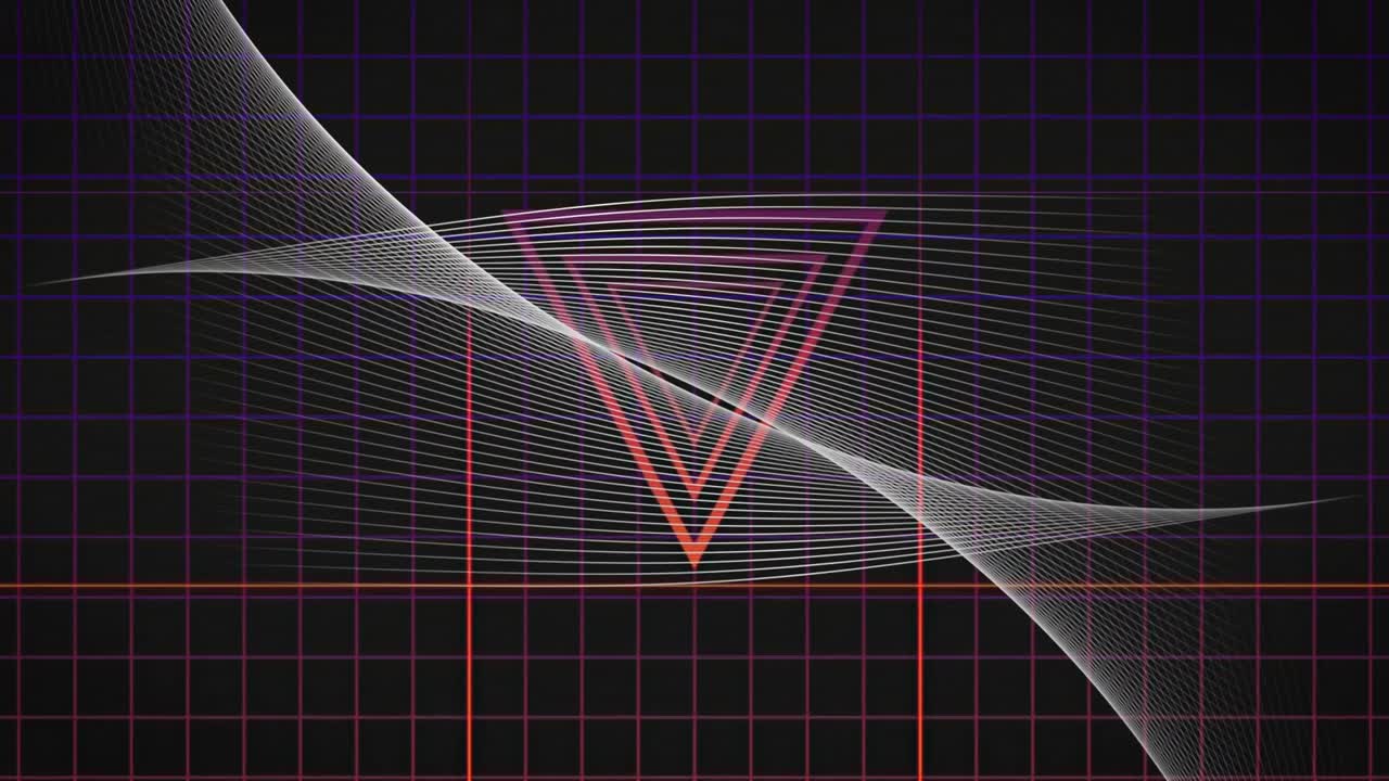 On grid flicker inverted triangle glitching, fragmenting, white wave revealing glowing outlines