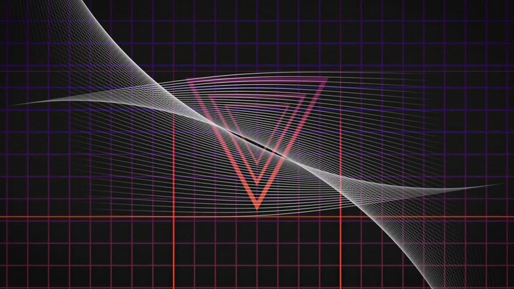 On grid flicker inverted triangle glitching, fragmenting, white wave revealing glowing outlines
