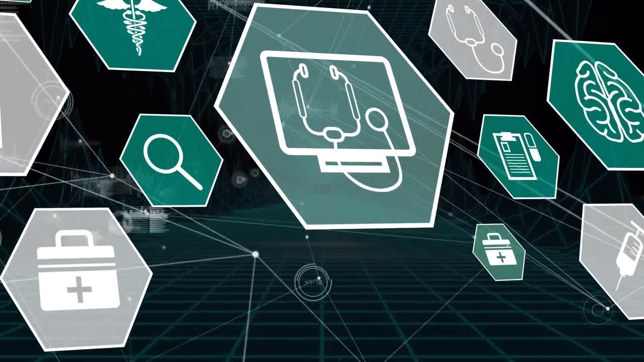 animación de la red de conexiones con iconos médicos sobre un fondo oscuro