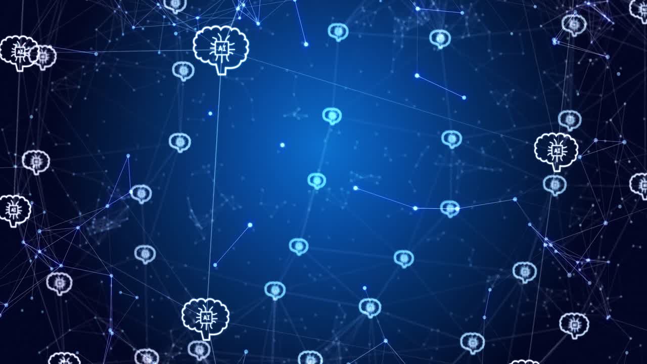Animation of network of connections with icons on blue and black background