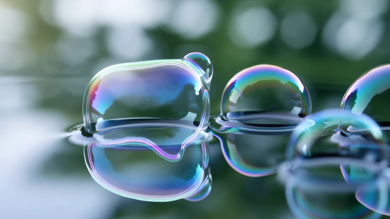 Iridescent bubbles move across water with subtle changes in position as daylight highlights glossy surfaces, curved shapes, reflections, and soft natural background details.