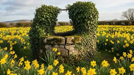 a scenic stone well surrounded by vibrant daffodils and lush greenery, showcasing nature's beauty in a tranquil field setting