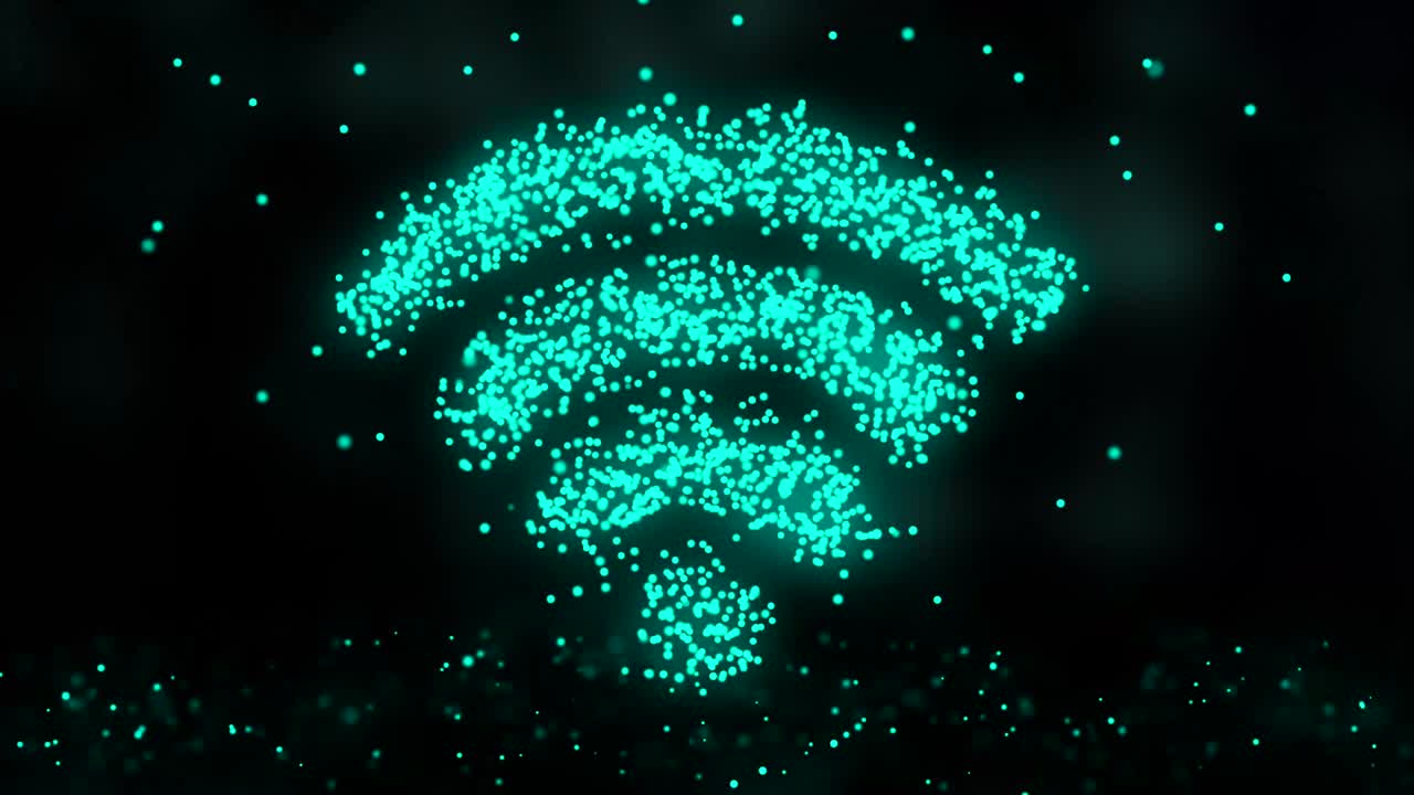 animación de la red de plexo desde el símbolo wifi en un fondo colorido con el flujo de partículas de plexos. signo wi-fi. bucle sin costuras