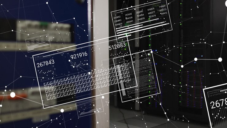 Animation of shapes and data processing over server room