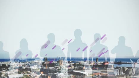 Animation-of-purple-light-flares-moving-over-silhouettes-of-business-people-and-cityscape