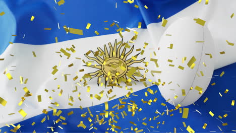 animación de confeti sobre una pelota blanca de rugby y la bandera de argentina