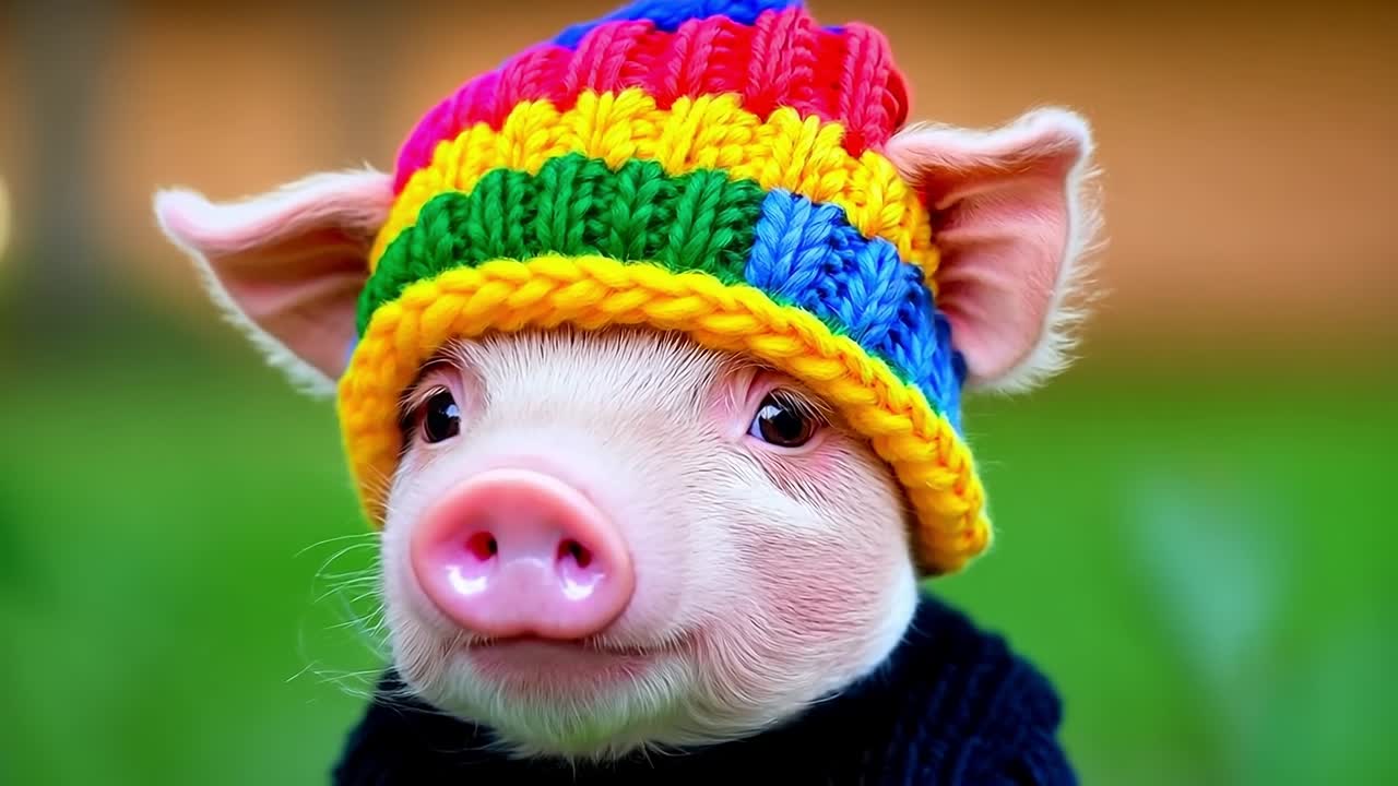 un pequeño cerdo con un sombrero y suéter de colores