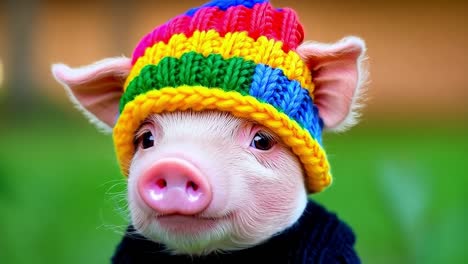 a small pig wearing a colorful hat and sweater