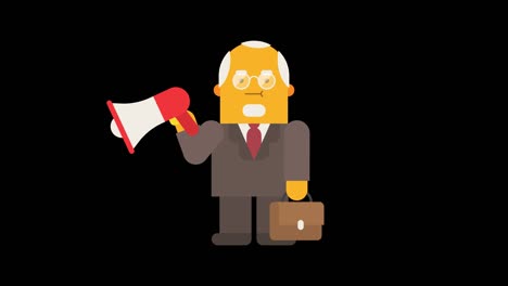 old businessman holds suitcase and speaks into megaphone. alpha channel