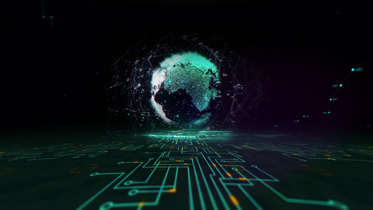 Earth technology, business and communications background loop. Electronic technology. Electrical signals flowing in electrical conductors. Technology and network concept.