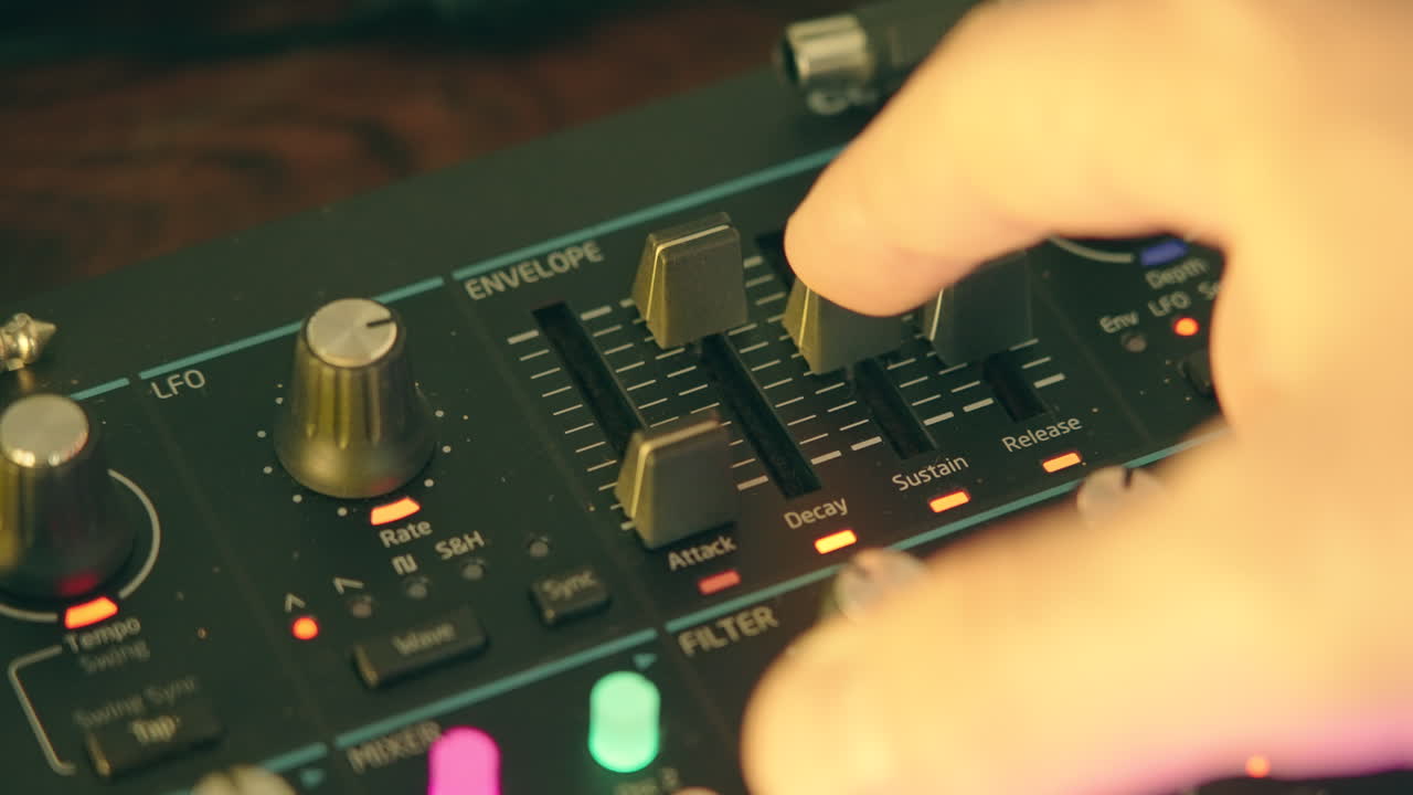 En hånd justerer envelope-kontroller på en elektronisk synthesizer