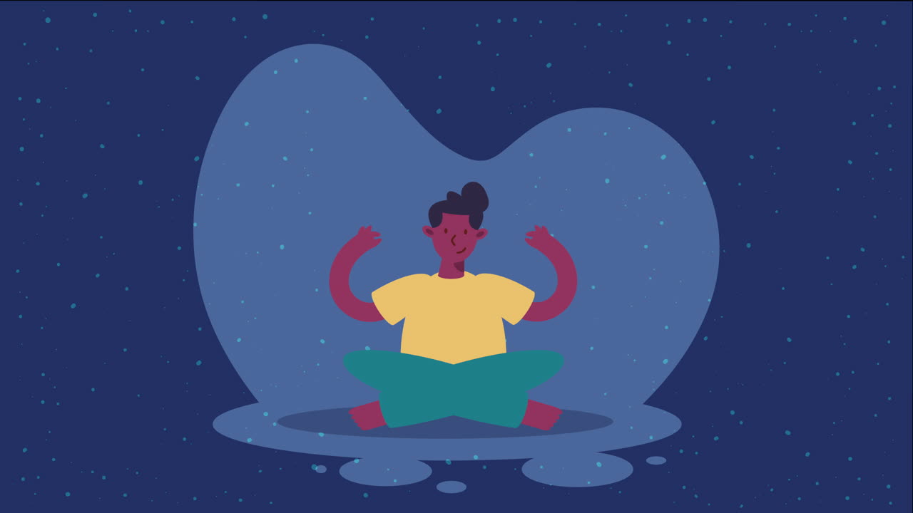 요가를 연습하는 아프로 남자 캐릭터 애니메이션