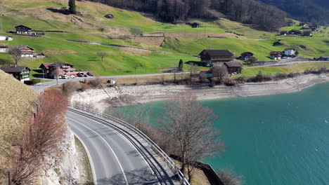 Aerial-of-Roadway-along-Lake-Lungern,-Obwalden,-Switzerland