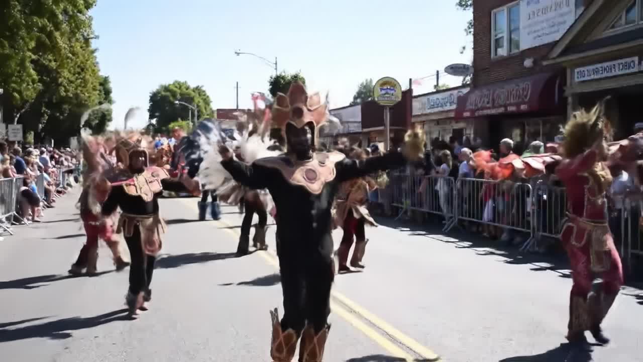 Colorful Parade With Dancers in Elaborate Costumes Celebrating Culture in Vibrant Street Festival