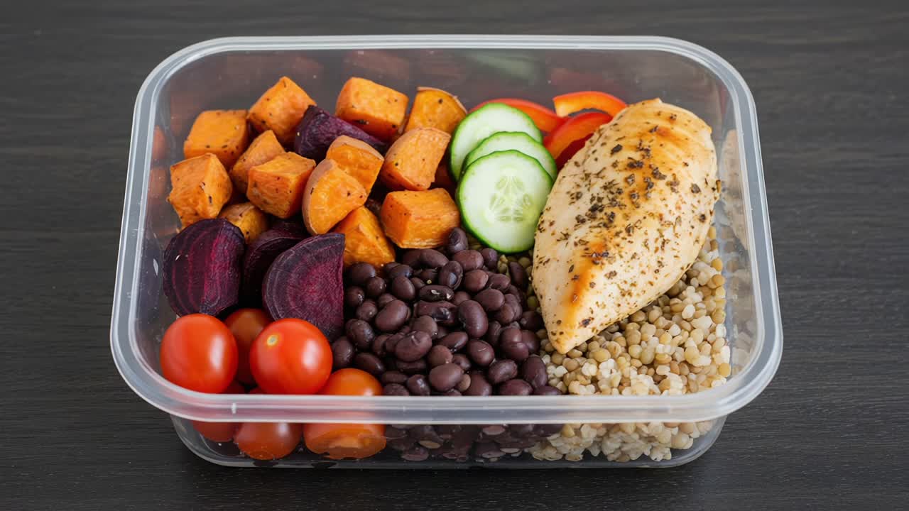 Healthy Meal Prep Container Featuring Grilled Chicken, Quinoa, and Colorful Vegetables Like Sweet Potatoes, Beets, Cucumbers, and Cherry Tomatoes for Balanced Nutrition