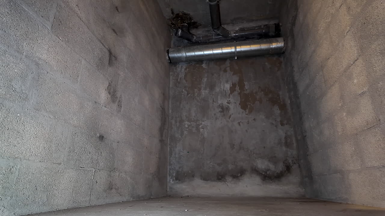 Low angle shot of small individual basement in apartment building. Pan right