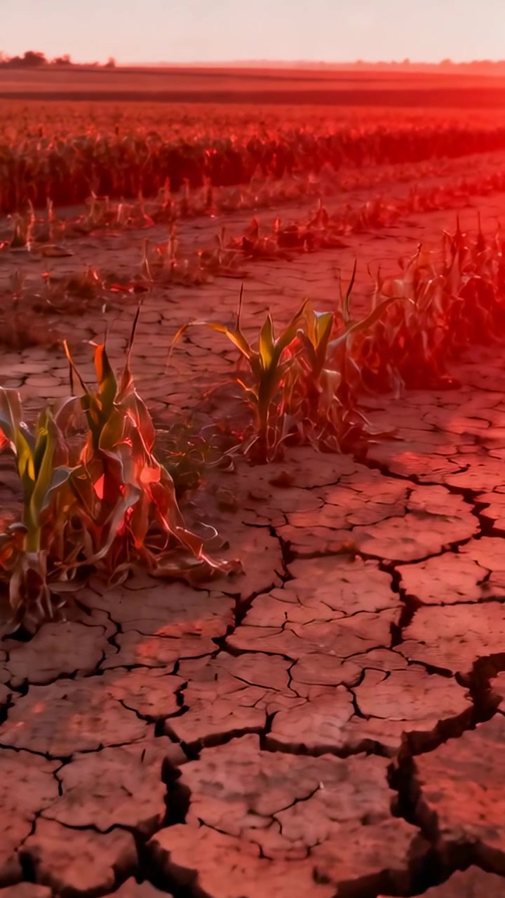 Video verticale: Telecamera che si allontana mostrando terreno screpolato e mais stentato in un campo sotto il bagliore rosso del sole.