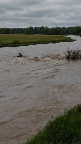 murky river with strong current and green banks under overcast sky