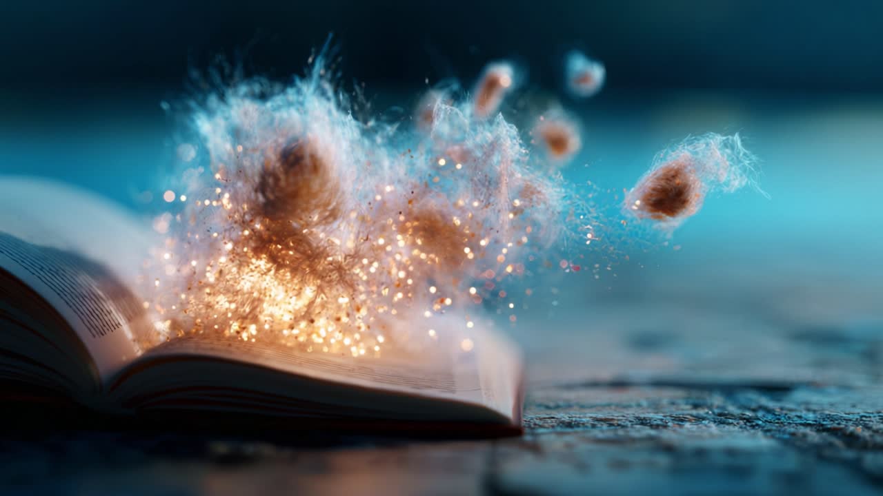 An enchanting moment captured in time as magic and creativity spring forth from the pages of a book, creating a dazzling display of light and wonder that captivates the viewer