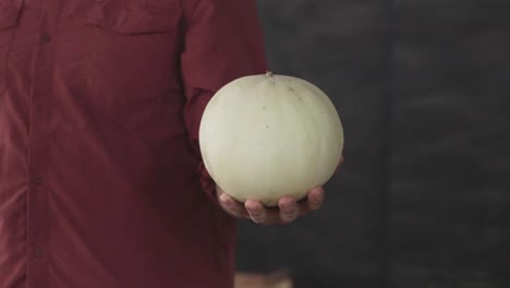 a man standing with a honeydew melon in his left hand