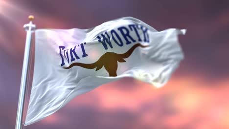 flag of fort worth at sunset, city of texas in united states of america - loop