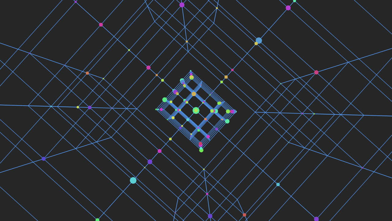 검정색 그라데이션에 네온 점과 선이 있는 디지털 큐브