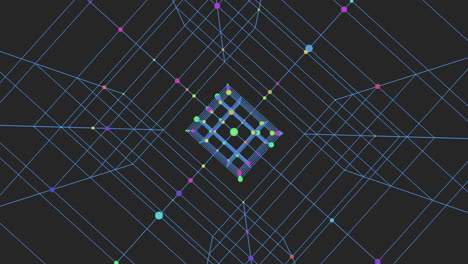 digital cube with neon dots and lines on black gradient