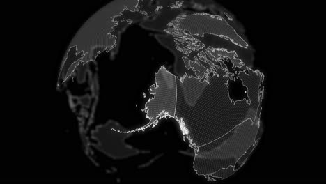 alaska country alpha for editing data analysis technology globe rotating, cinematic video showcases a digital globe rotating, zooming in on alaska country alpha for editing template